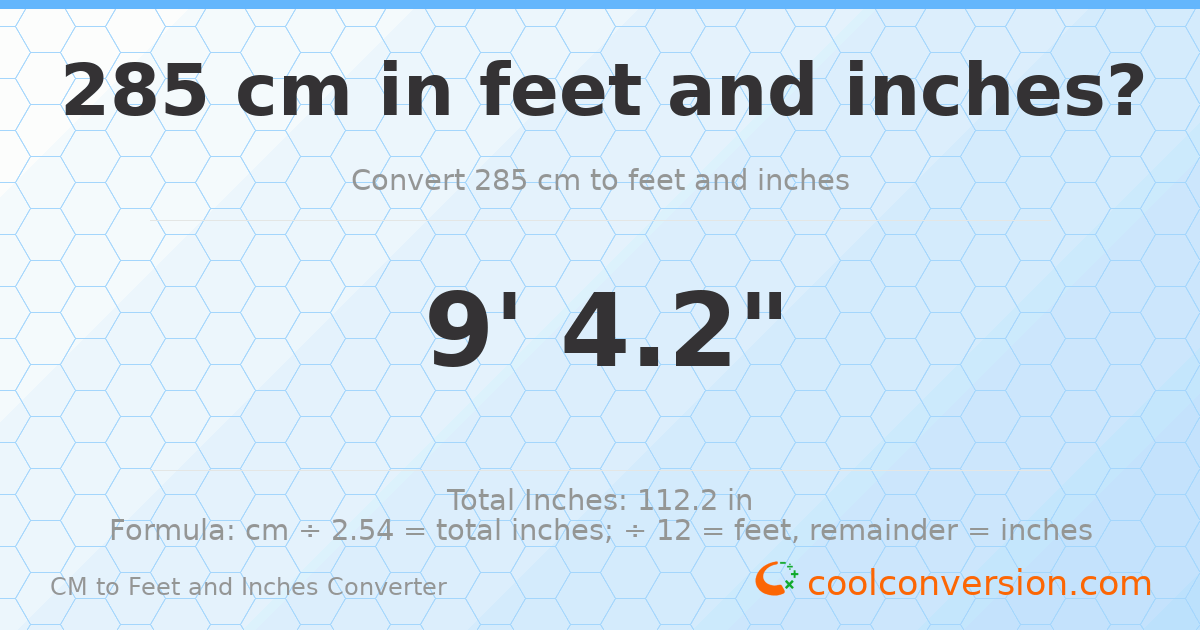 285 cm to feet and inches — 285 cm = 9'4.2"
