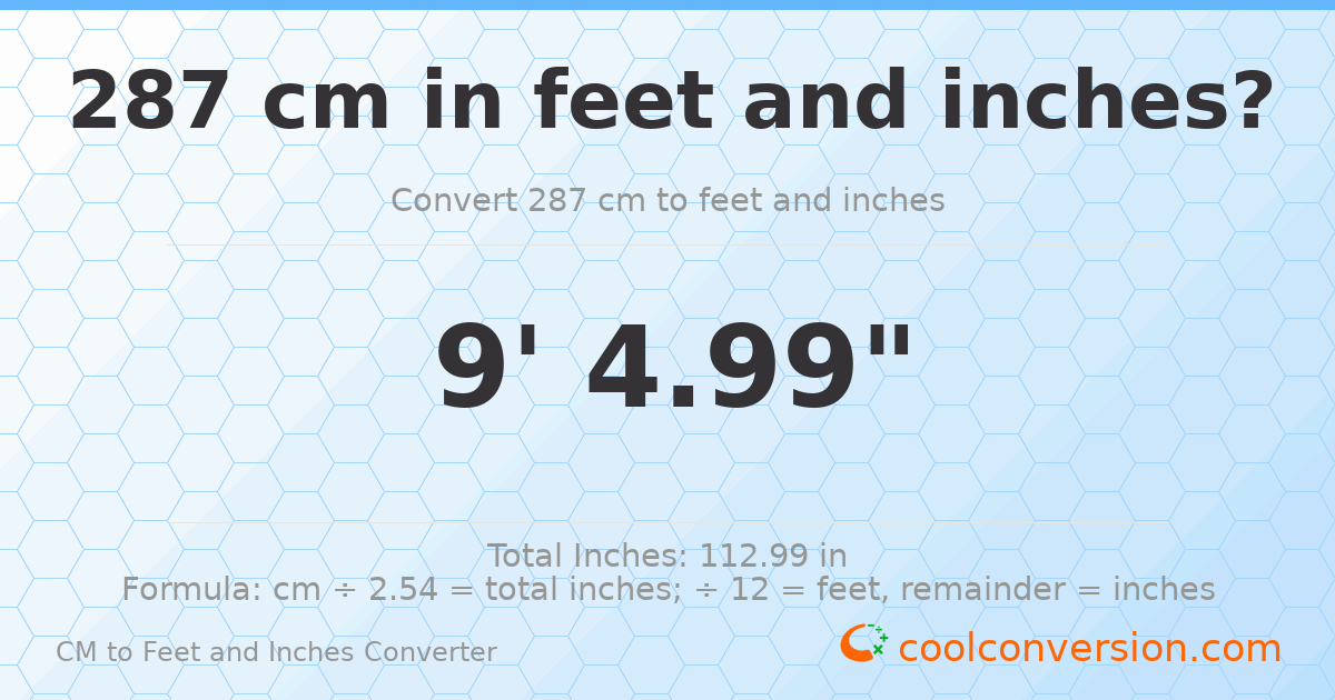 287 cm to feet and inches — 287 cm = 9'4.99"