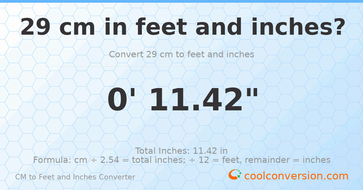 29 cm to feet and inches — 29 cm = 0'11.42"