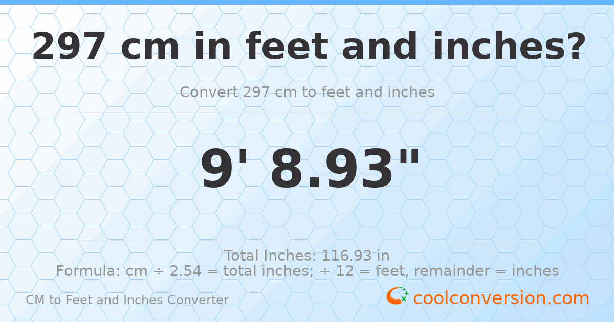 297 cm to feet and inches — 297 cm = 9'8.93"
