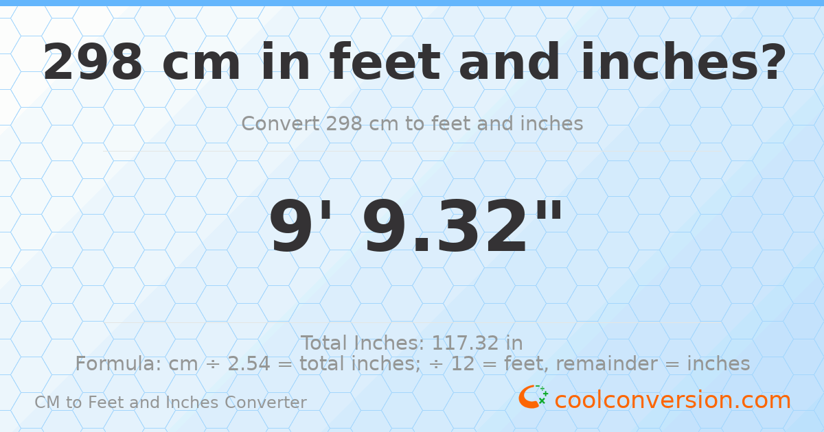 298 cm to feet and inches — 298 cm = 9'9.32"
