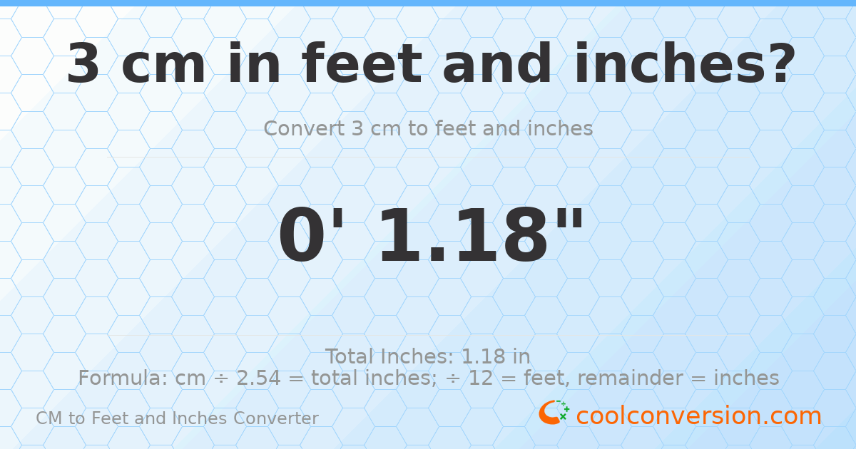 3 cm to feet and inches — 3 cm = 0'1.18"