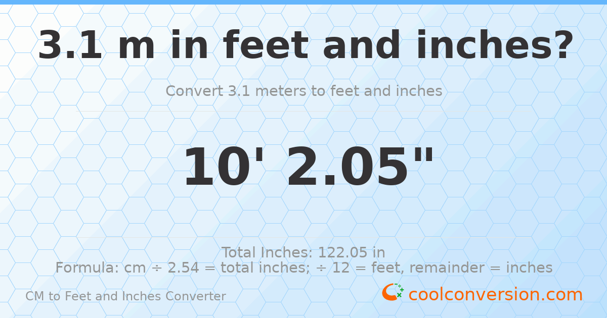 3.1 m to feet and inches — 3.1 m = 10'2.05"