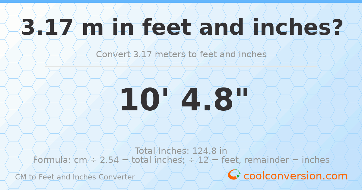 3.17 m to feet and inches — 3.17 m = 10'4.8"