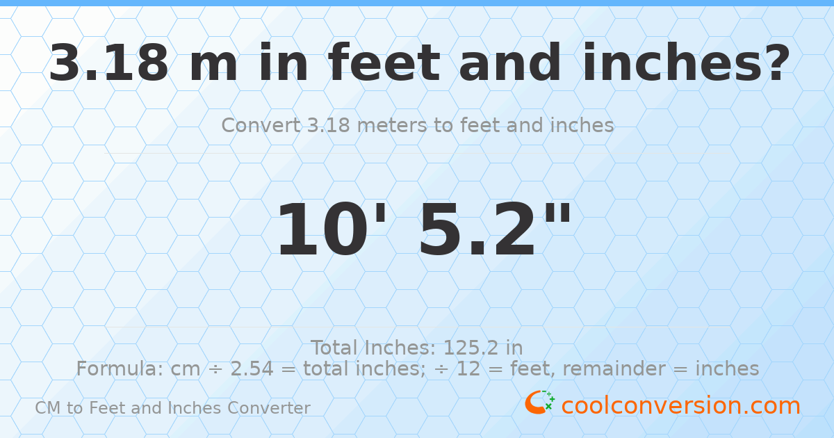 3.18 m to feet and inches — 3.18 m = 10'5.2"