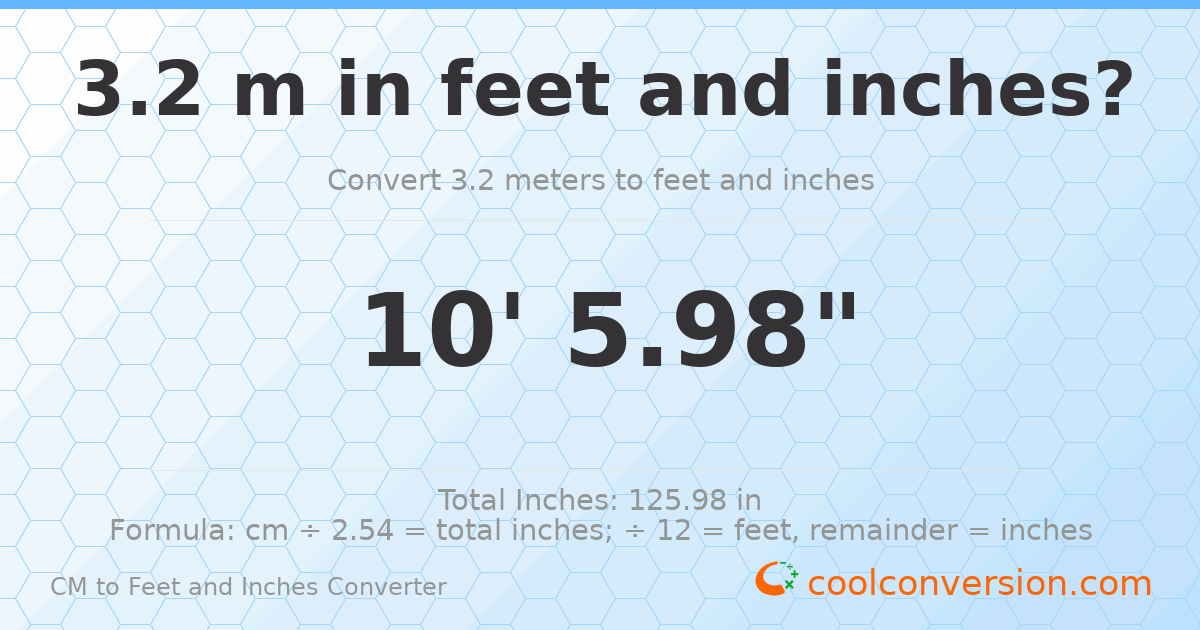 3.20 m to feet and inches — 3.20 m = 10'5.98"