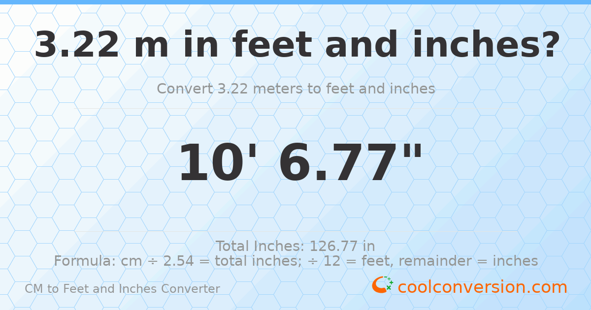 3.22 m to feet and inches — 3.22 m = 10'6.77"