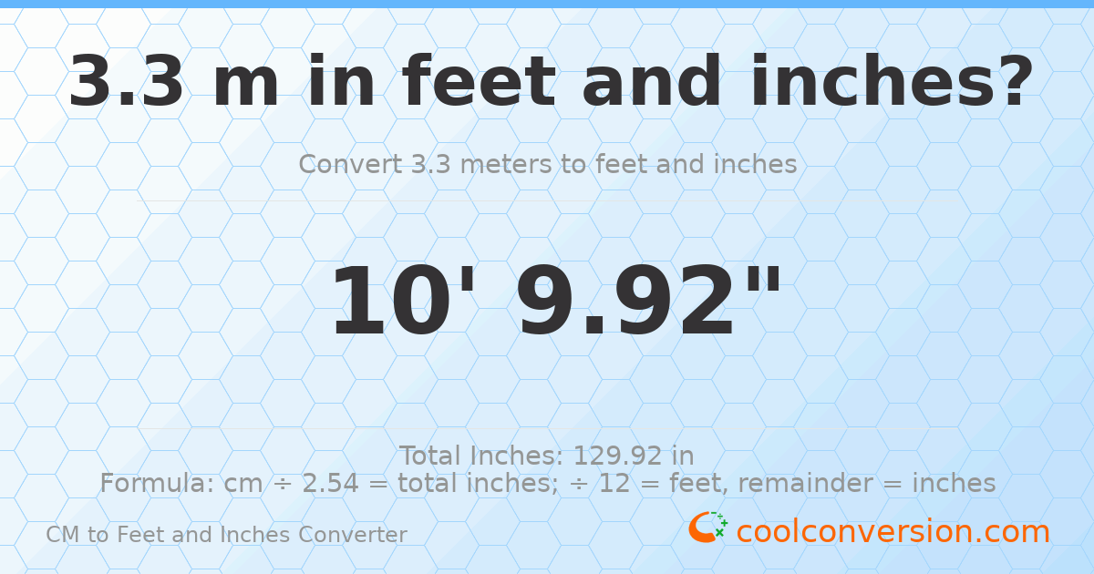 3.30 m to feet and inches — 3.30 m = 10'9.92"