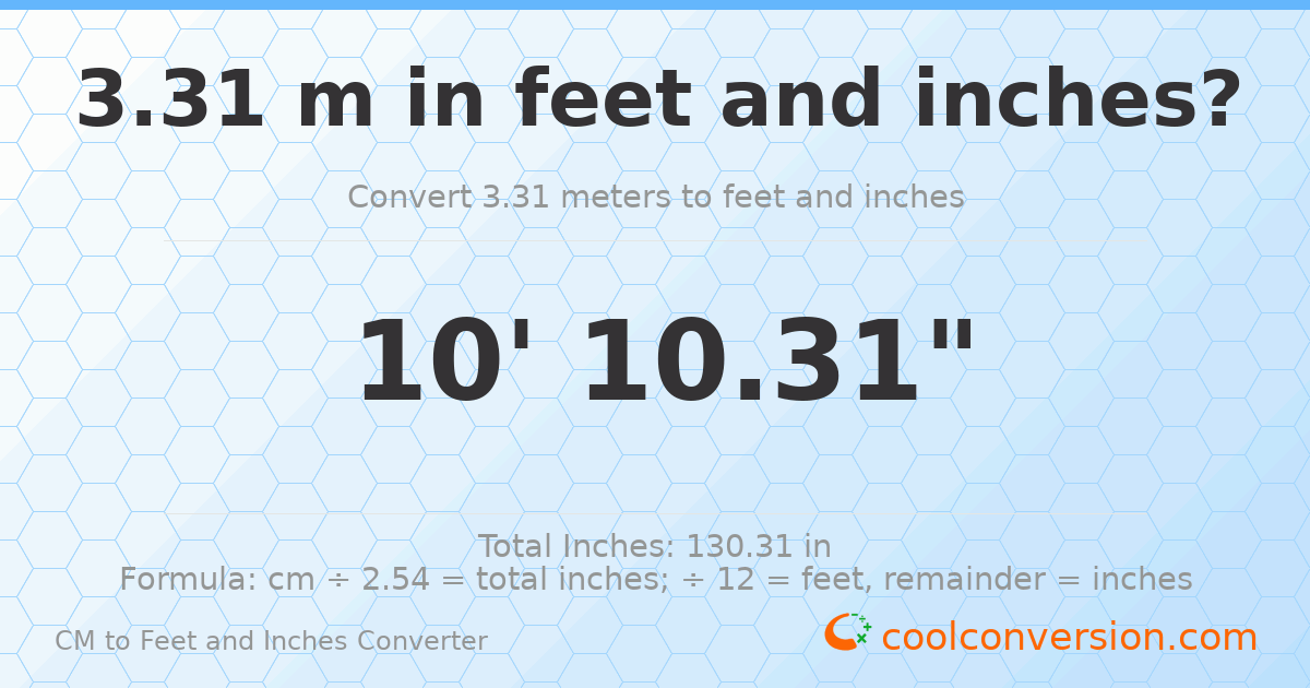 3.31 m to feet and inches — 3.31 m = 10'10.31"
