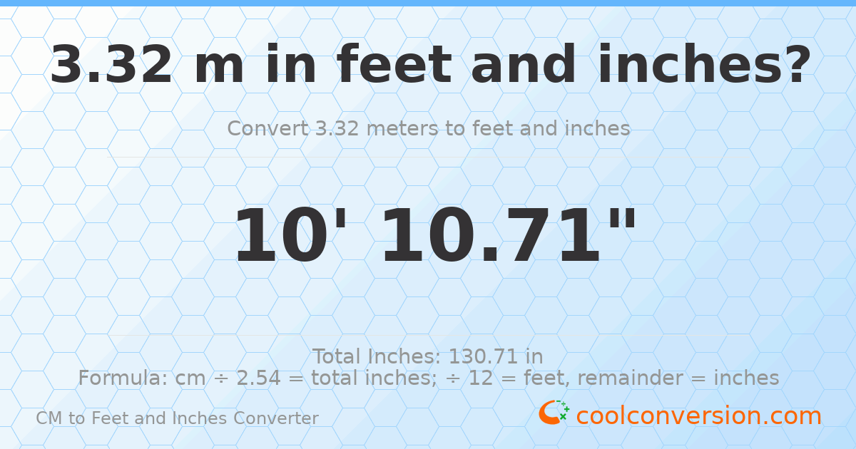 3.32 m to feet and inches — 3.32 m = 10'10.71"