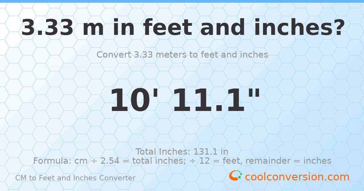 3.33 m to feet and inches — 3.33 m = 10'11.1"