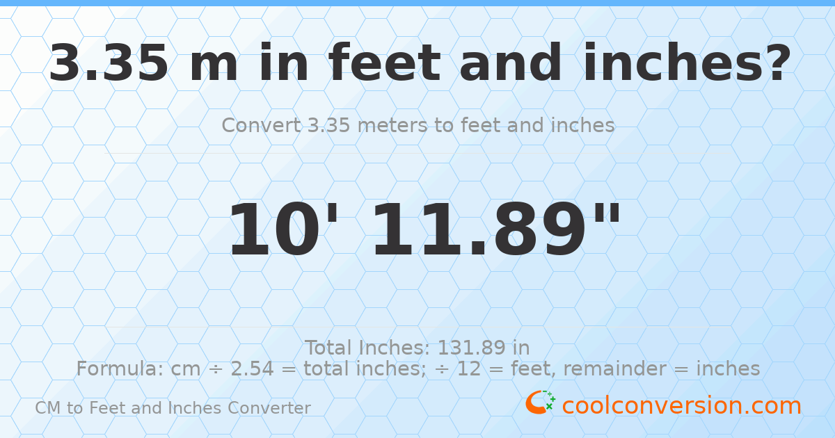 3.35 m to feet and inches — 3.35 m = 10'11.89"