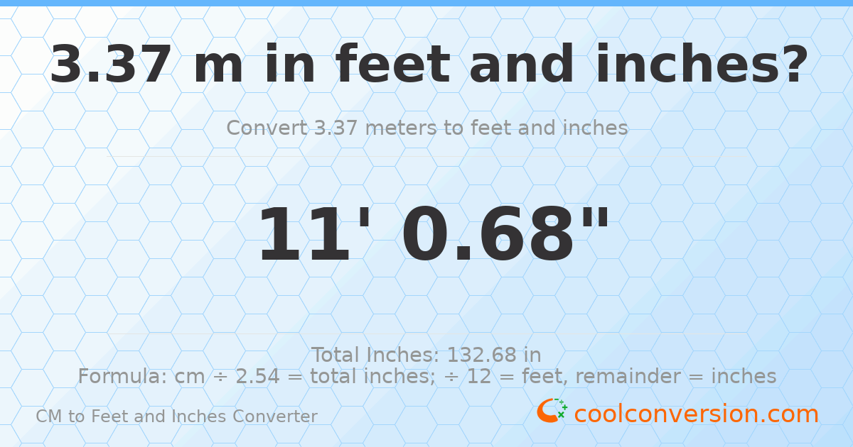 3.37 m to feet and inches — 3.37 m = 11'0.68"