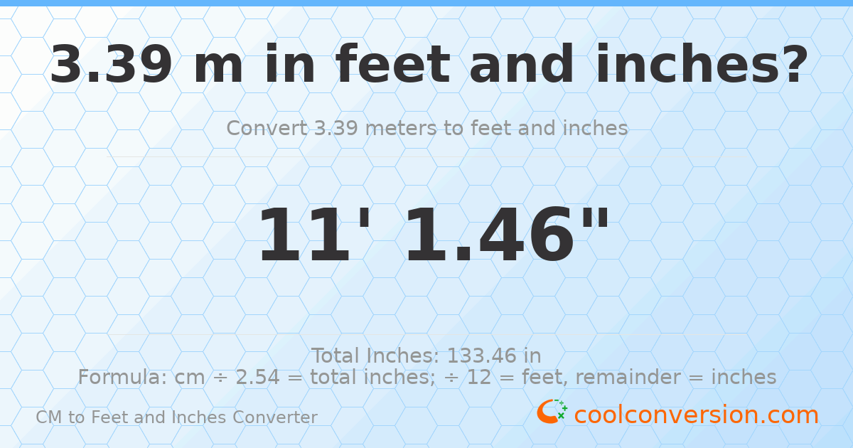 3.39 m to feet and inches — 3.39 m = 11'1.46"
