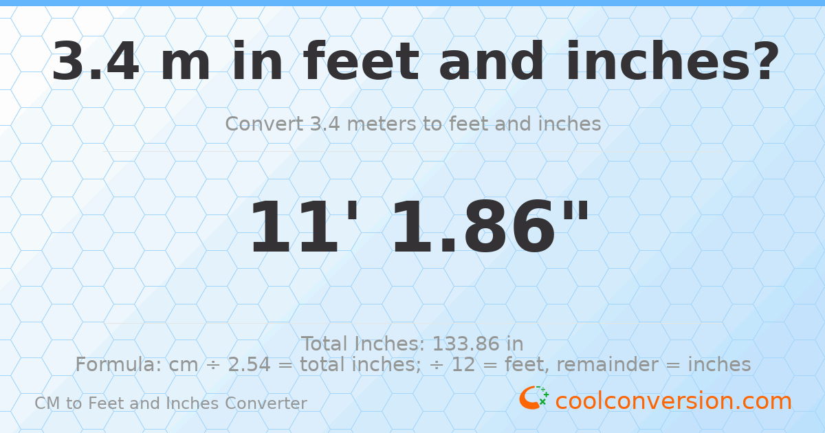 3.40 m to feet and inches — 3.40 m = 11'1.86"