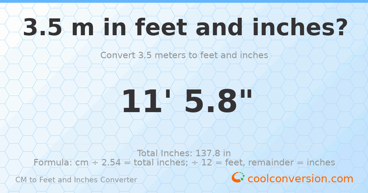 3.50 m to feet and inches — 3.50 m = 11'5.8"