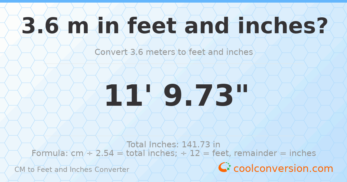 3.60 m to feet and inches — 3.60 m = 11'9.73"