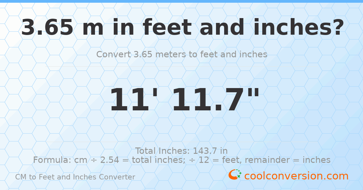 3.65 m to feet and inches — 3.65 m = 11'11.7"