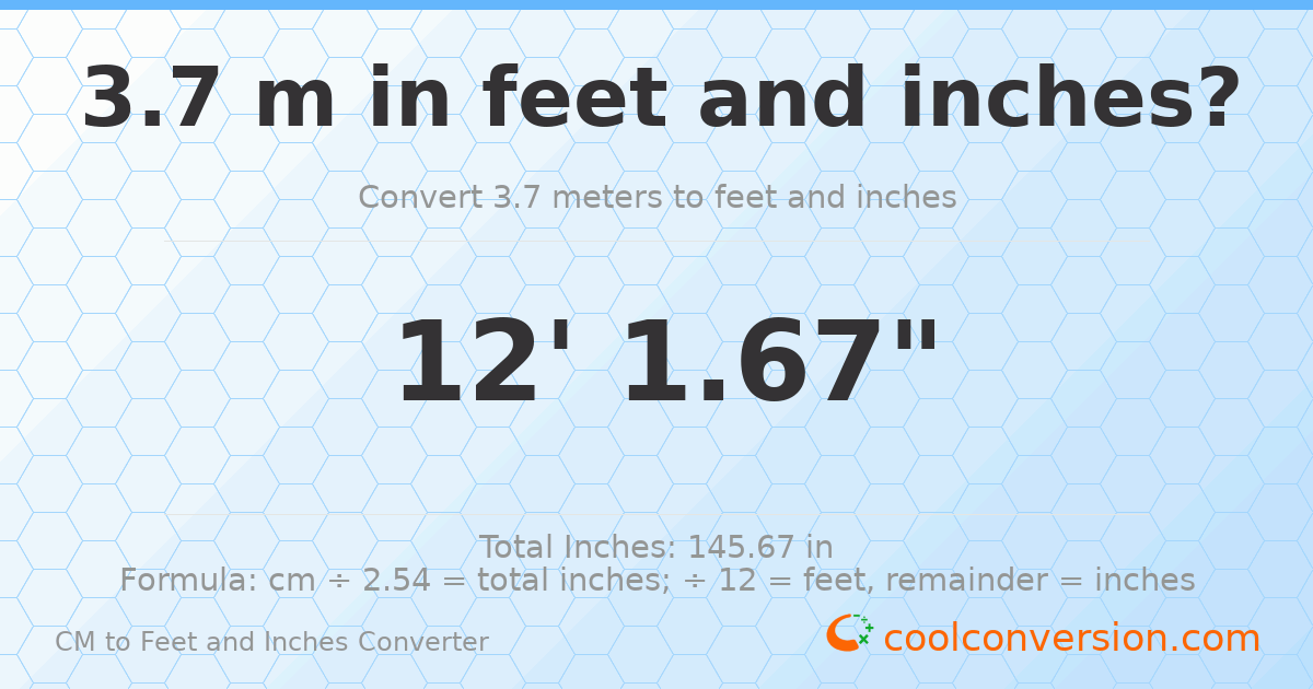 3.70 m to feet and inches — 3.70 m = 12'1.67"