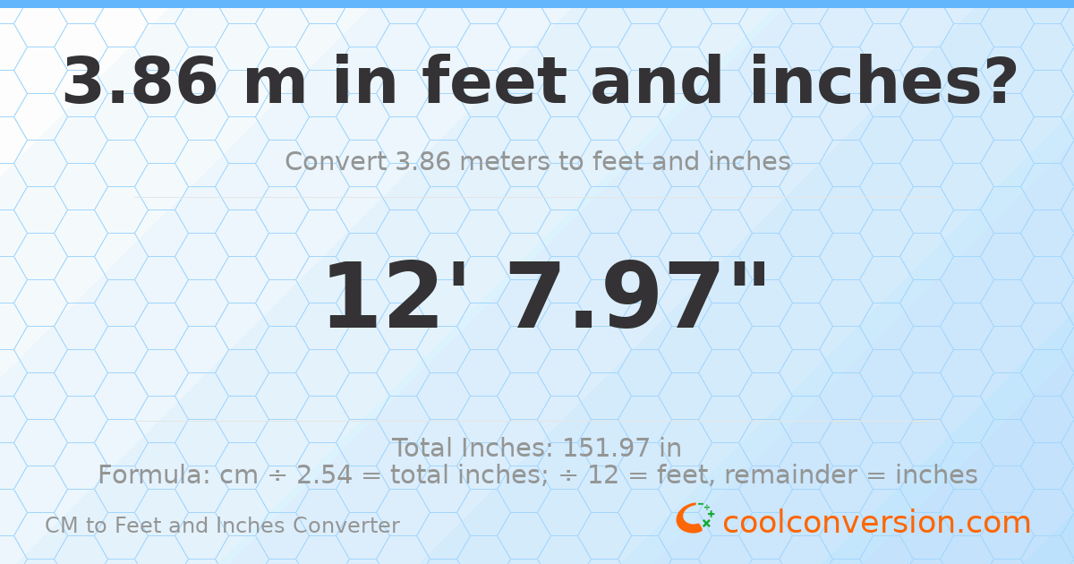 3.86 m to feet and inches — 3.86 m = 12'7.97"