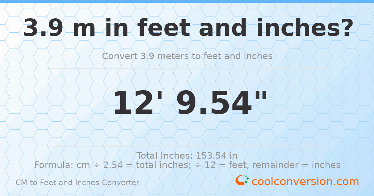 3.90 m to feet and inches — 3.90 m = 12'9.54"