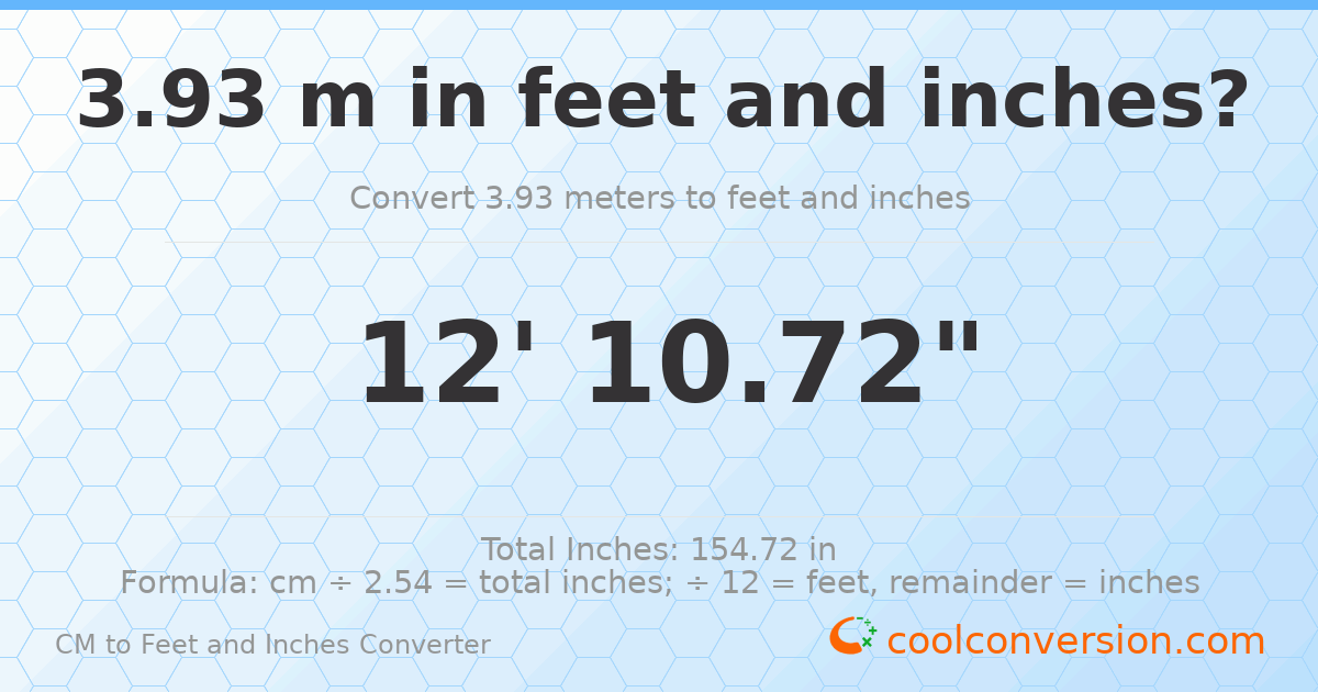 3.93 m to feet and inches — 3.93 m = 12'10.72"