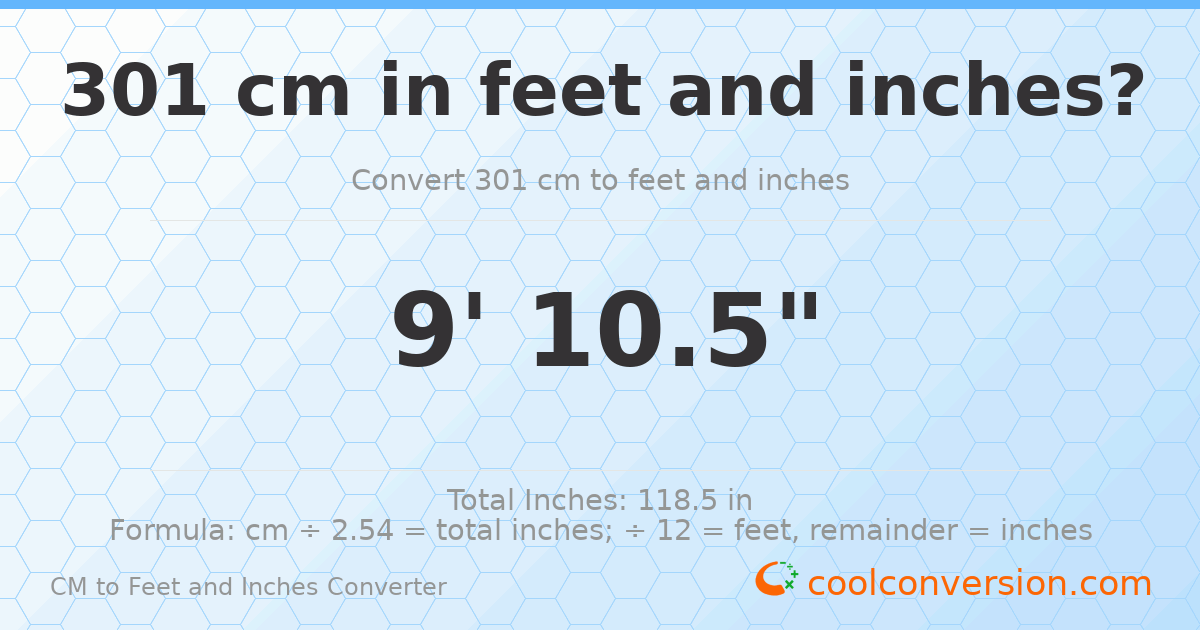 301 cm to feet and inches — 301 cm = 9'10.5"