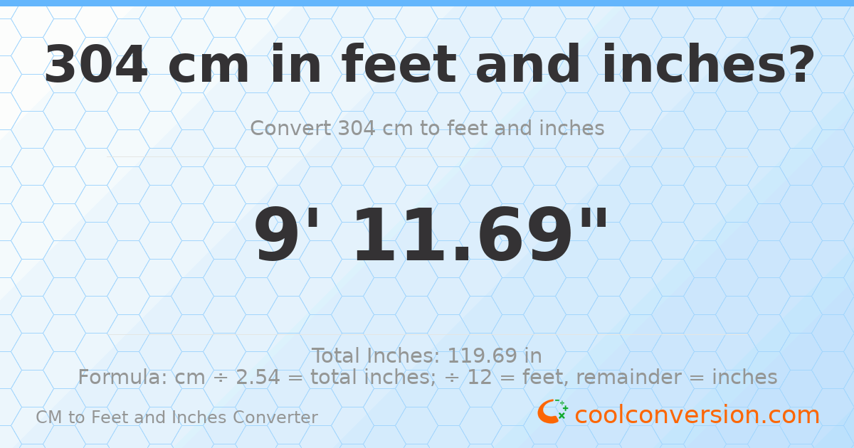 304 cm to feet and inches — 304 cm = 9'11.69"