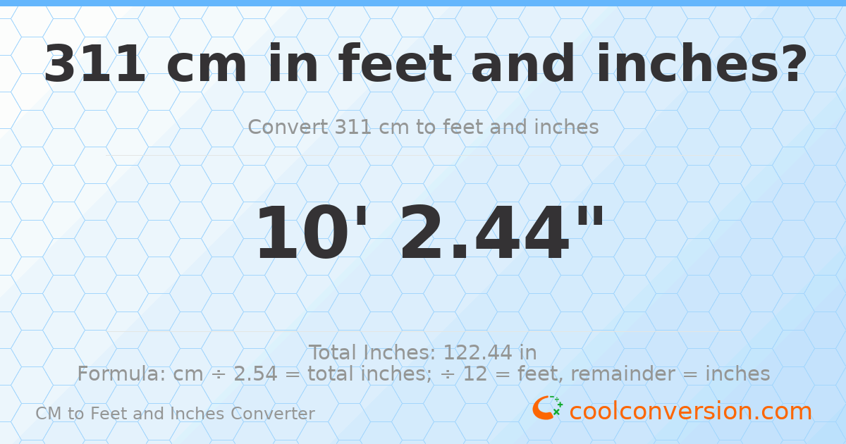 311 cm to feet and inches — 311 cm = 10'2.44"