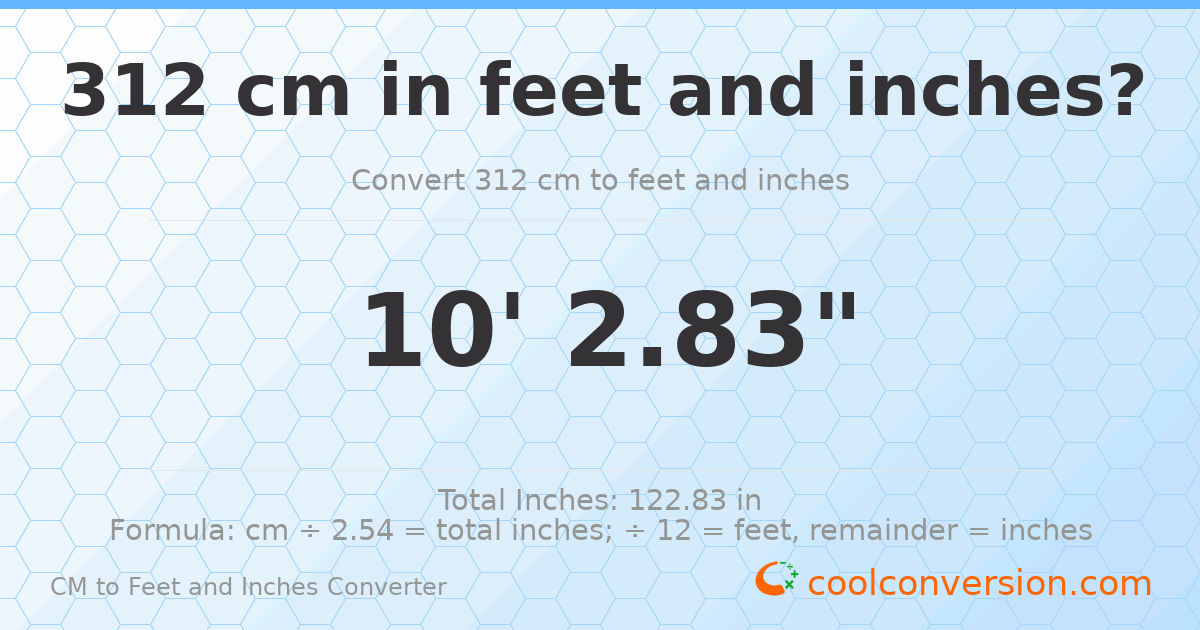 312 cm to feet and inches — 312 cm = 10'2.83"