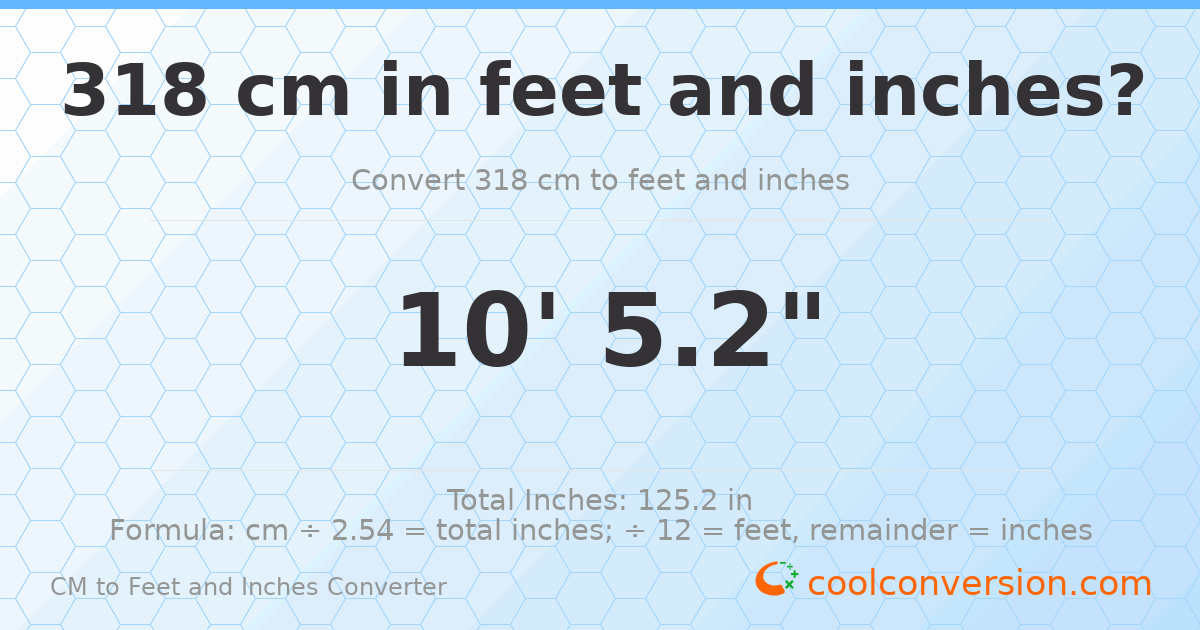 318 cm to feet and inches — 318 cm = 10'5.2"