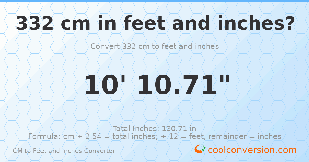 332 cm to feet and inches — 332 cm = 10'10.71"