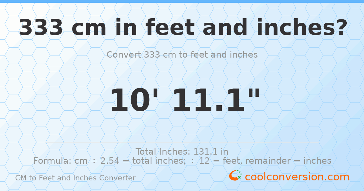 333 cm to feet and inches — 333 cm = 10'11.1"