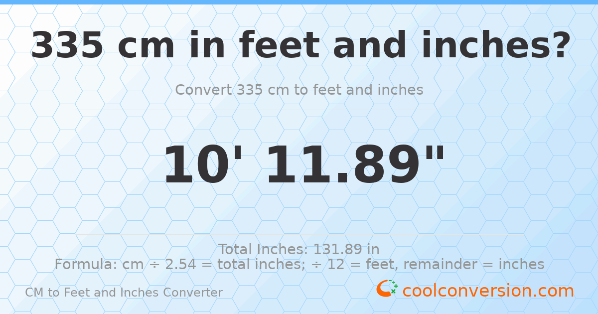 335 cm to feet and inches — 335 cm = 10'11.89"