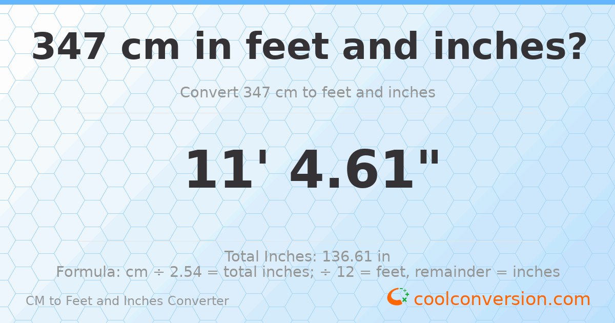 347 cm to feet and inches — 347 cm = 11'4.61"
