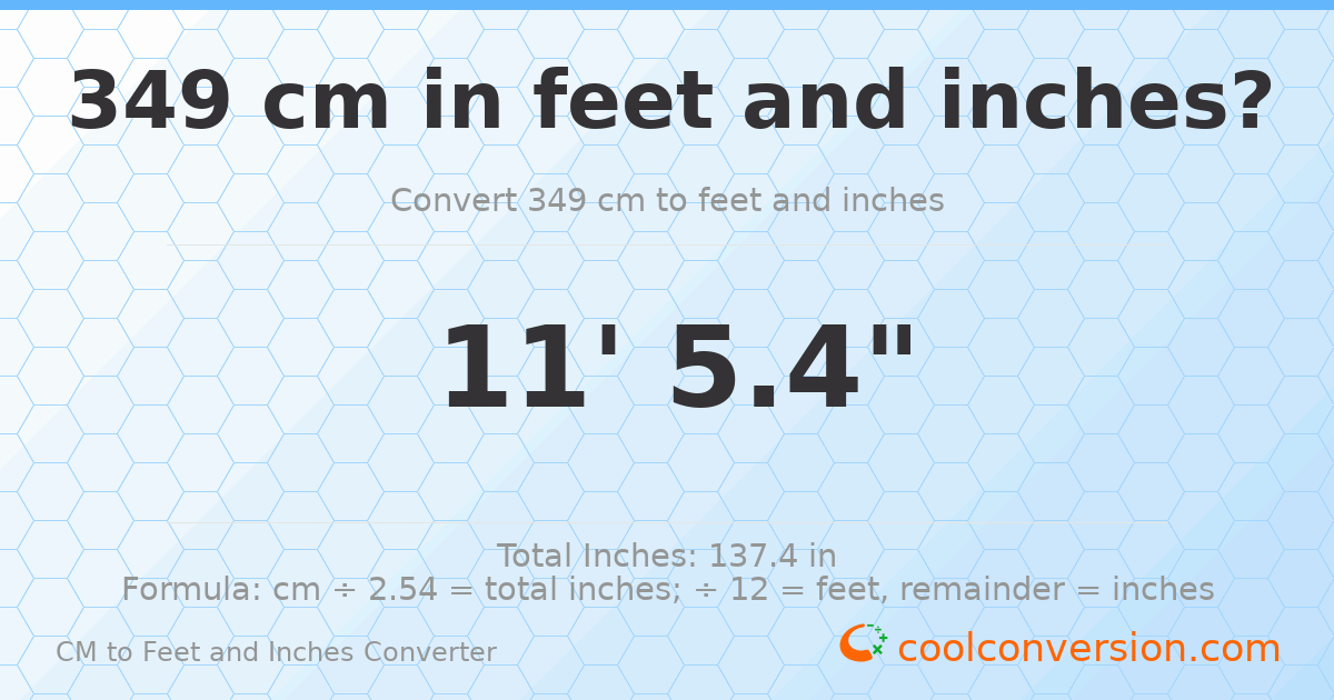 349 cm to feet and inches — 349 cm = 11'5.4"