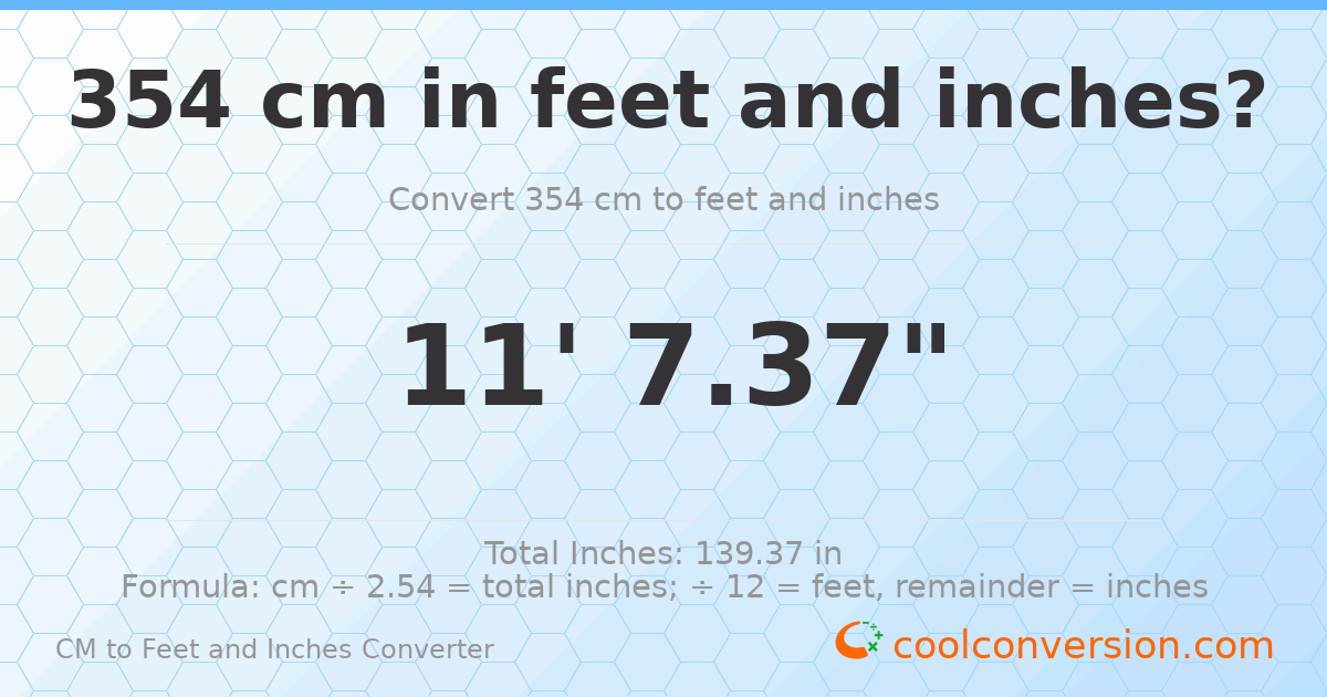 354 cm to feet and inches — 354 cm = 11'7.37"