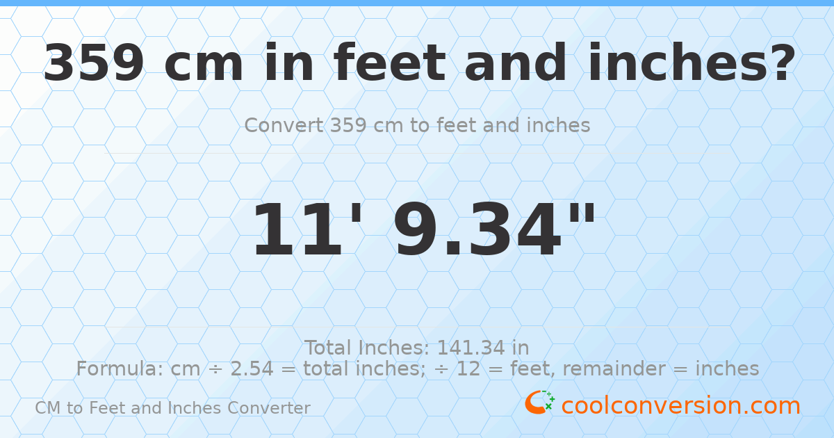359 cm to feet and inches — 359 cm = 11'9.34"