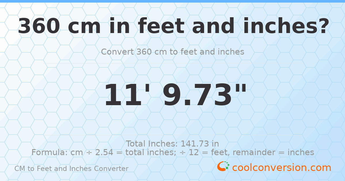 360 cm to feet and inches — 360 cm = 11'9.73"