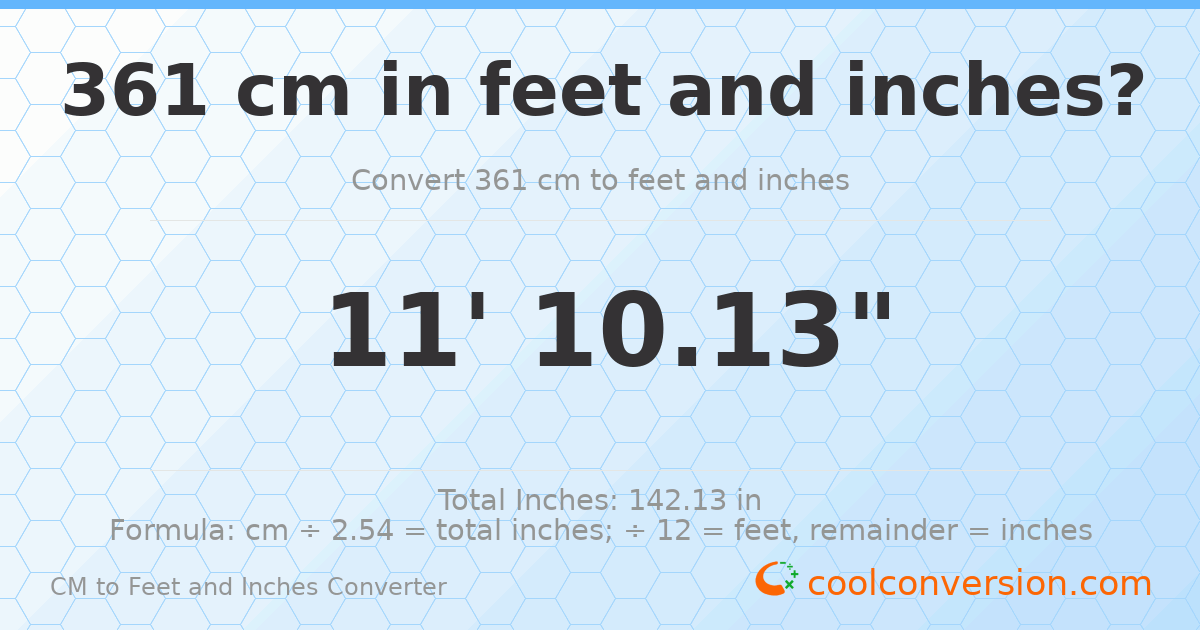 361 cm to feet and inches — 361 cm = 11'10.13"