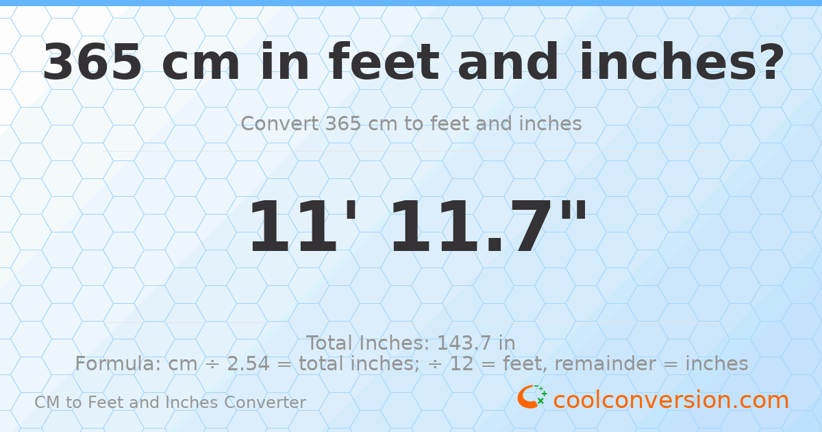 365 cm to feet and inches — 365 cm = 11'11.7"