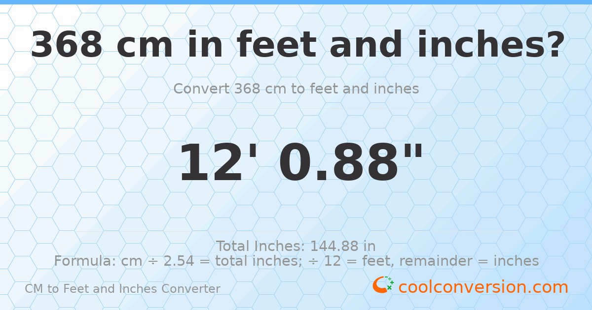 368 cm to feet and inches — 368 cm = 12'0.88"