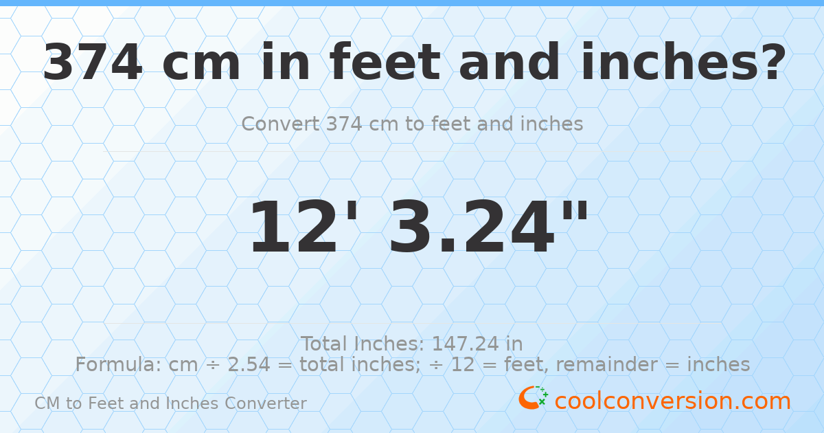 374 cm to feet and inches — 374 cm = 12'3.24"