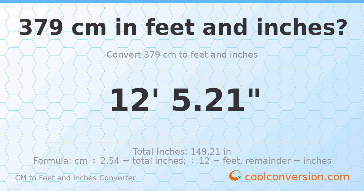 379 cm to feet and inches — 379 cm = 12'5.21"