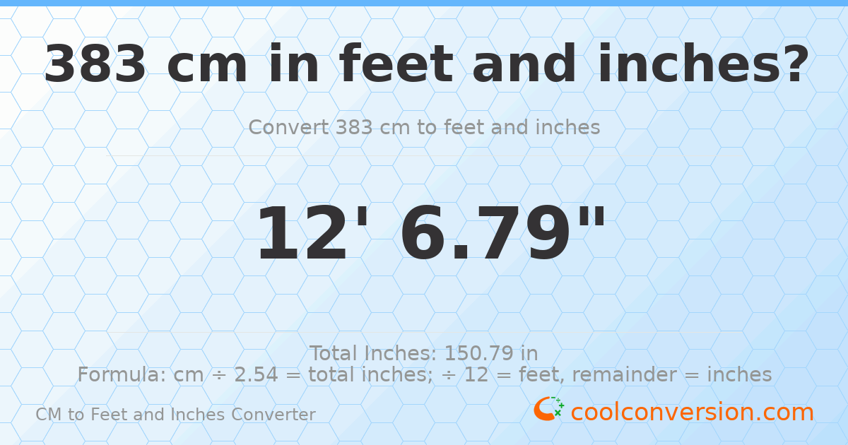383 cm to feet and inches — 383 cm = 12'6.79"