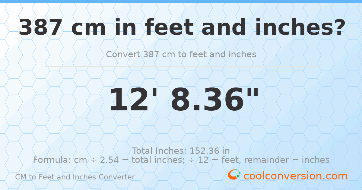 387 cm to feet and inches — 387 cm = 12'8.36"