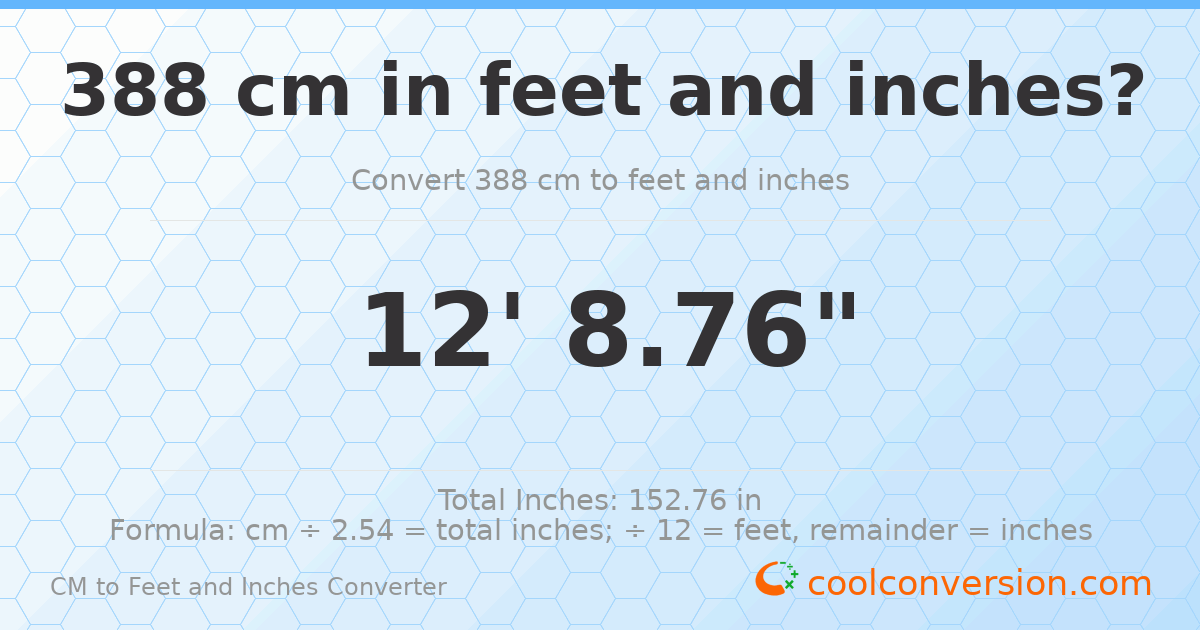 388 cm to feet and inches — 388 cm = 12'8.76"