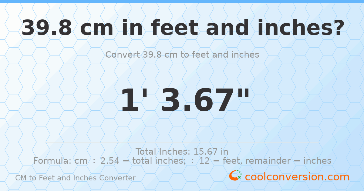 39.8 cm to feet and inches — 39.8 cm = 1'3.67"