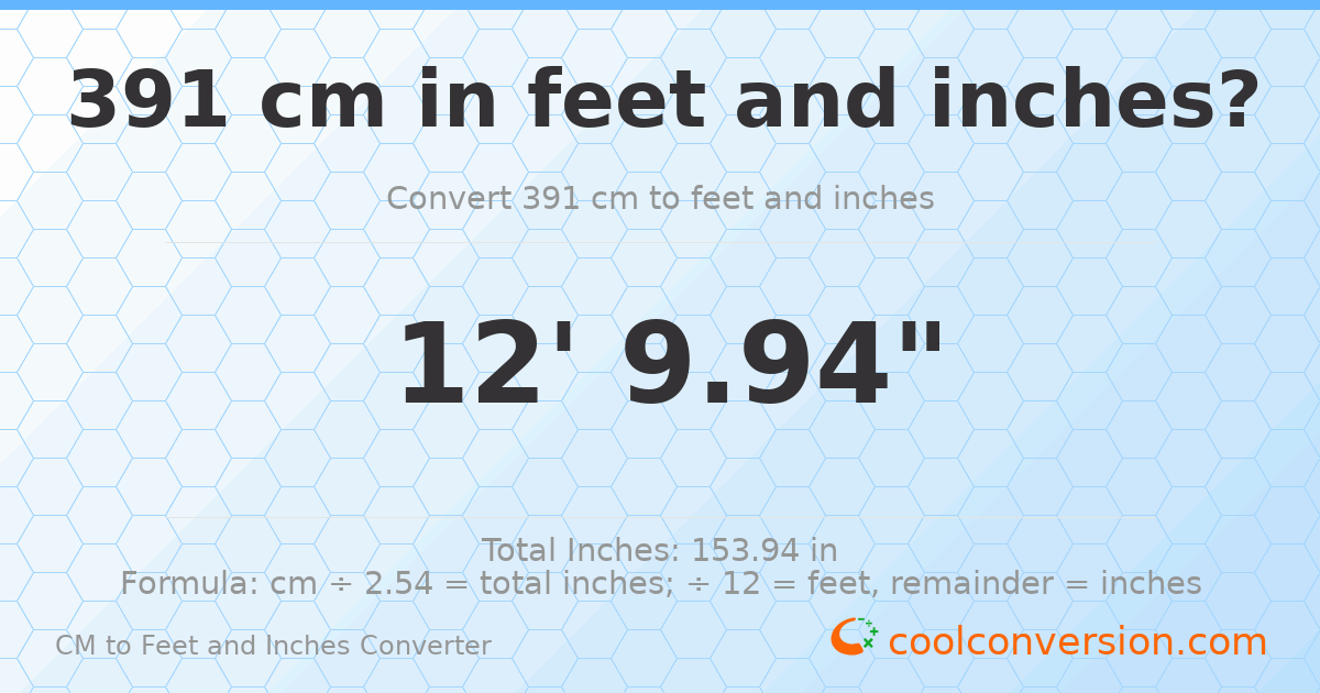 391 cm to feet and inches — 391 cm = 12'9.94"