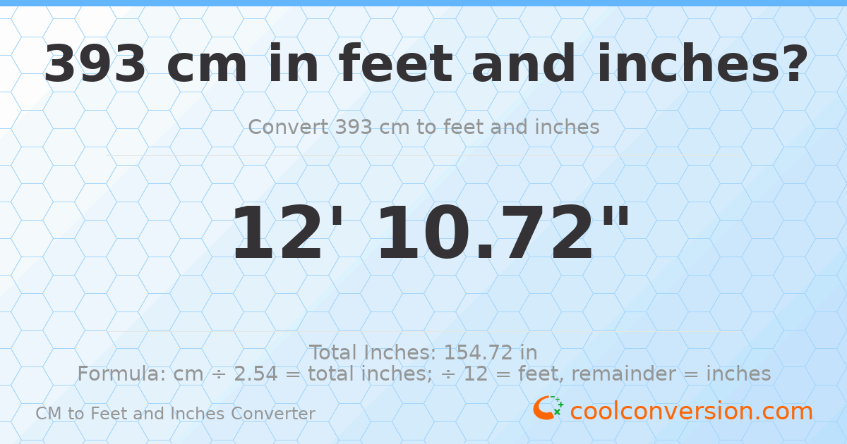 393 cm to feet and inches — 393 cm = 12'10.72"